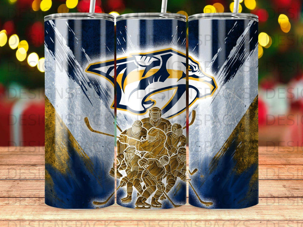 Nashville Predators hockey team logo and players on a blue and gold tumbler.