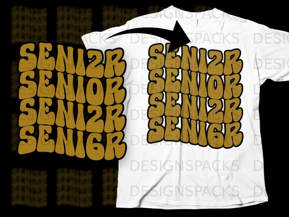 Retro wavy text design with "SENIOR" repeated four times in gold on a white t-shirt.