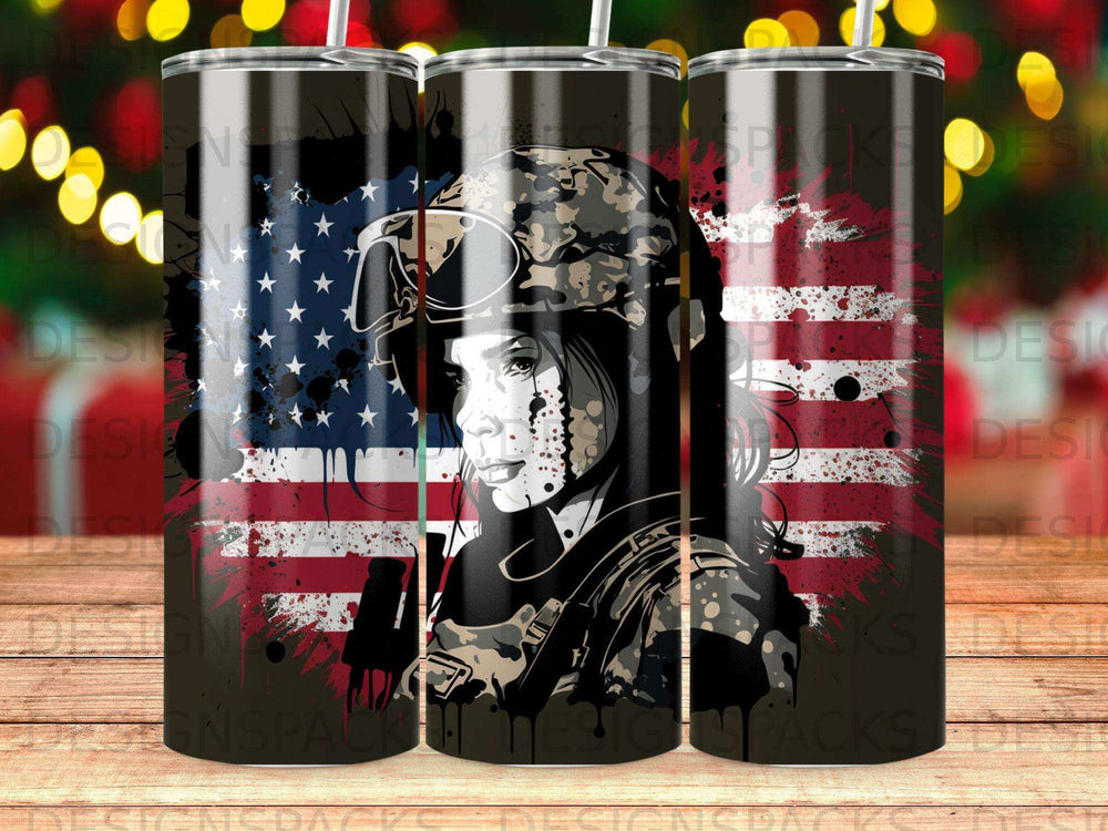 Camouflage woman portrait against distressed American flag background.