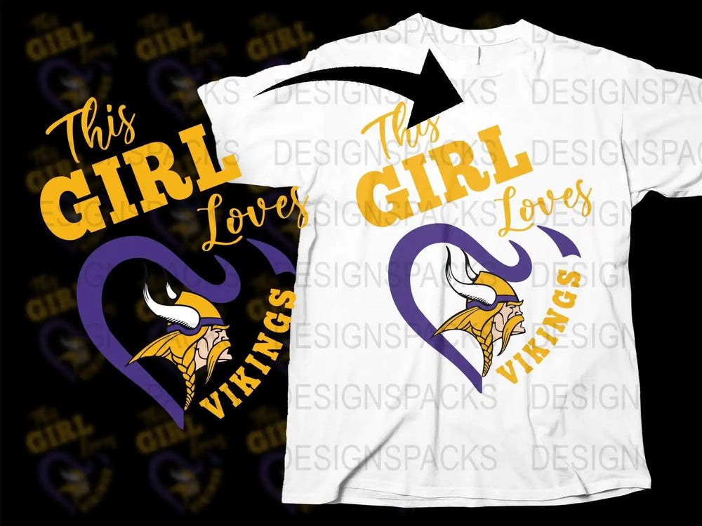 Women's Viking Graphic T-Shirt, This Girl Loves Vikings Tee, Purple and Gold, Sports Fan Shirt