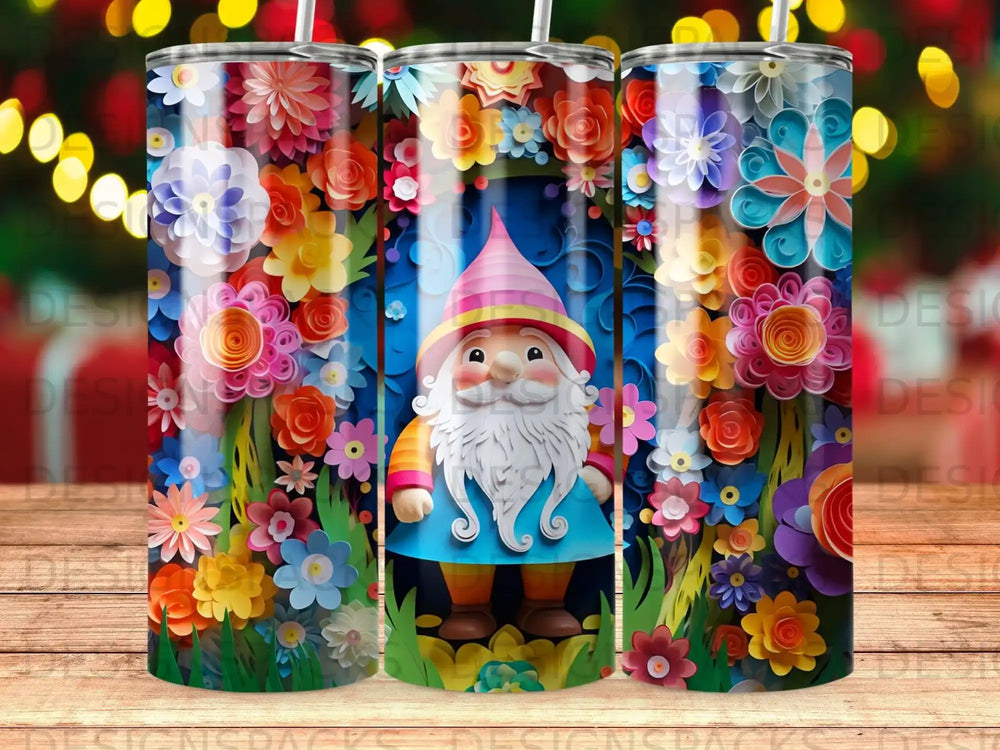 Gnome with a pink hat surrounded by colorful floral patterns.