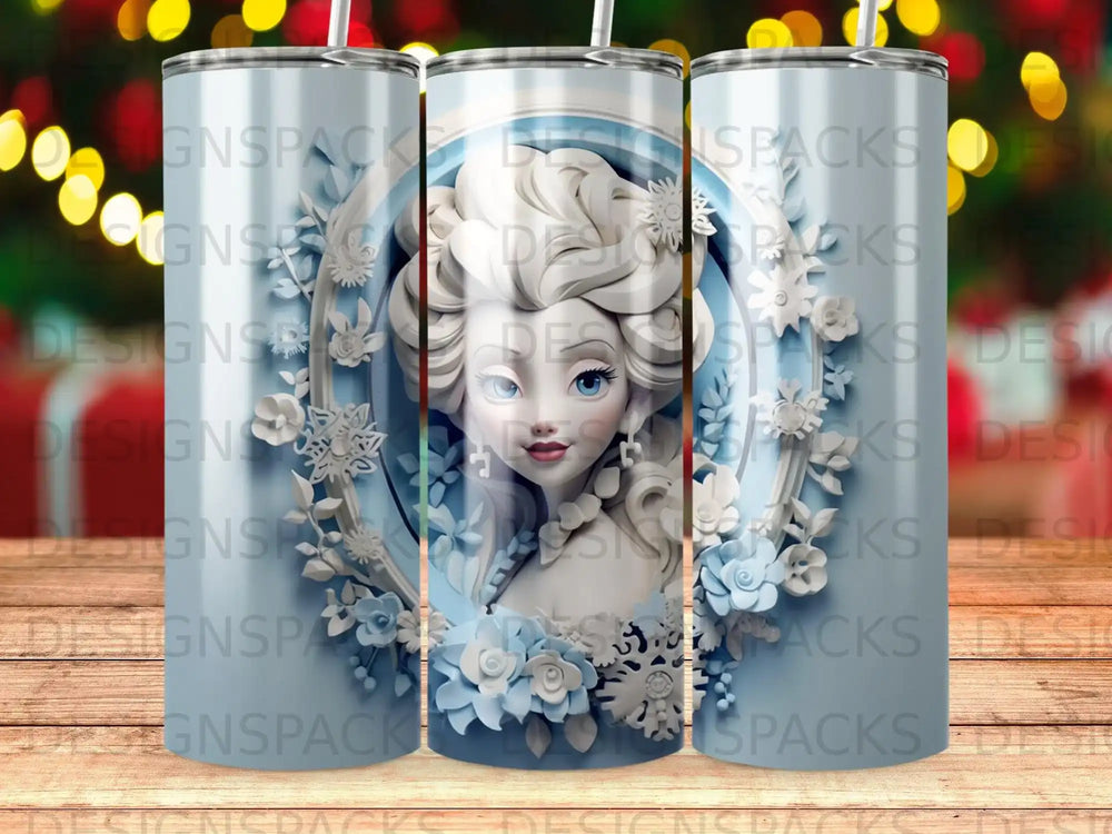 Frozen character Elsa in a circular, snowflake-adorned frame.