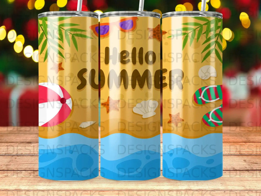 Tumbler with "Hello SUMMER" text and beach imagery.