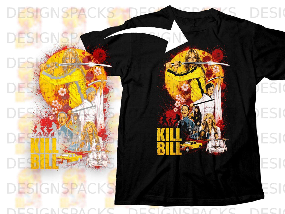 Kill Bill movie art featuring Uma Thurman with a sword on black t-shirt.