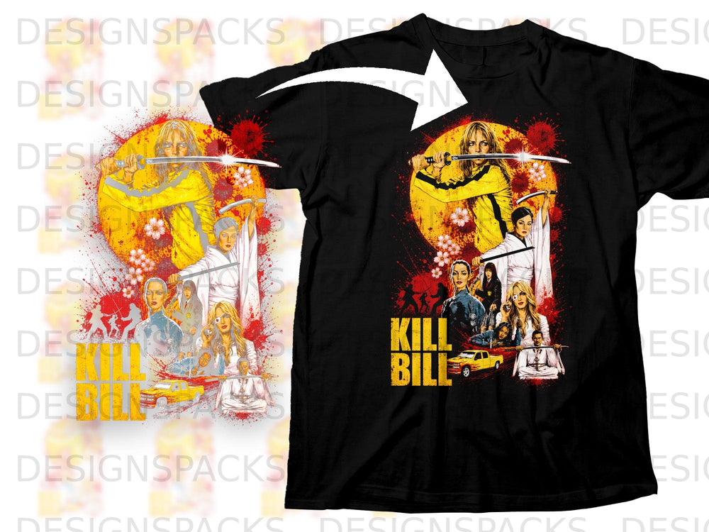 Kill Bill movie art featuring Uma Thurman with a sword on black t-shirt.