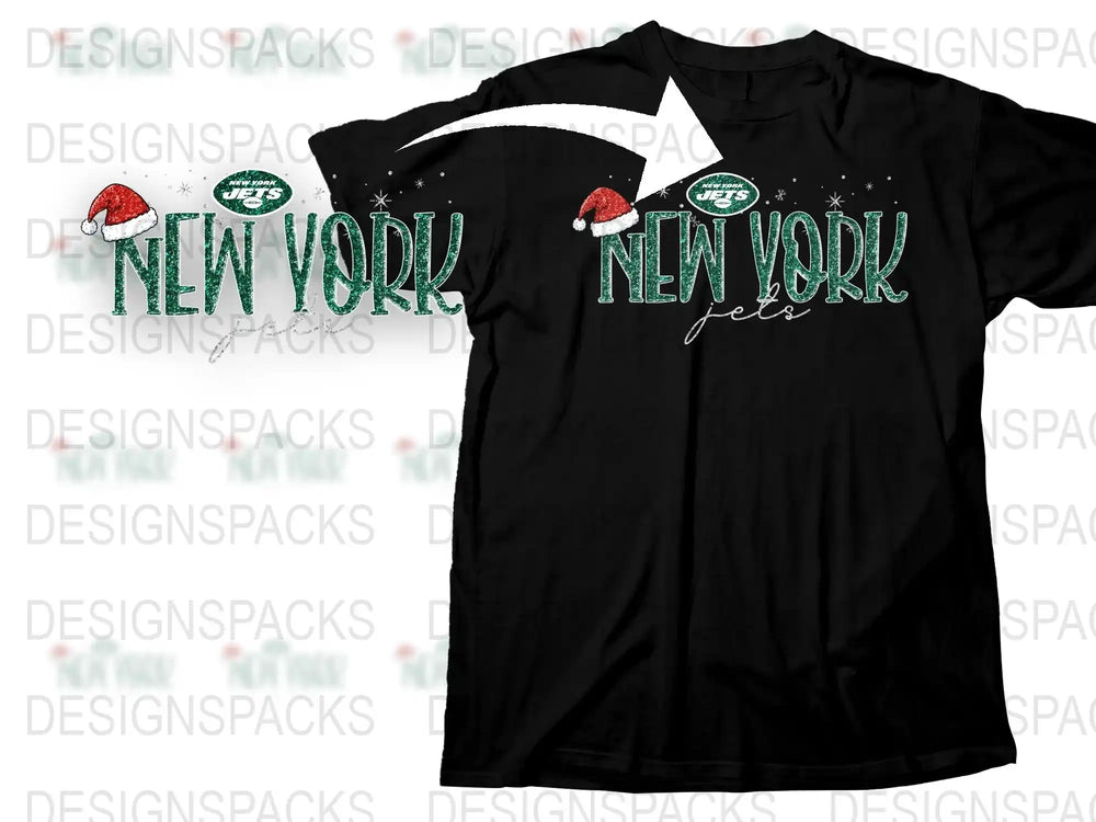 New York Jets Holiday T-Shirt, Festive Christmas Santa Hat Design, Graphic Tee for Football Fans, Unique Sports Apparel Gift