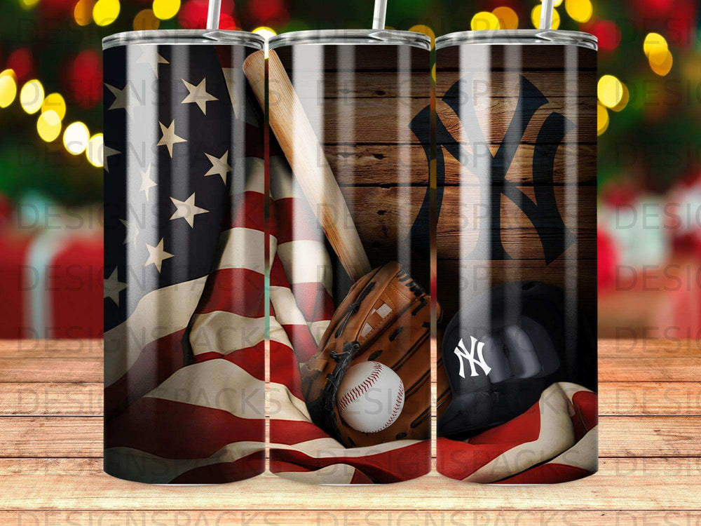 Baseball and American flag elements on a tumbler design.