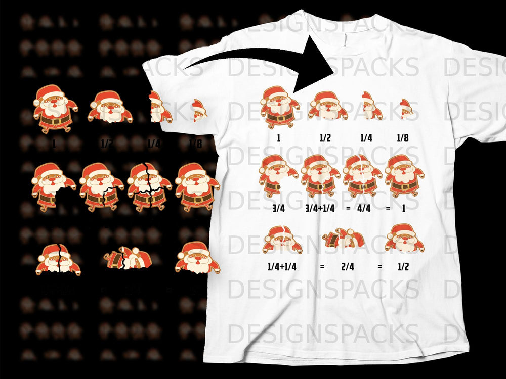 Diagram of Santa Claus cut into fractions with fractions labeled 1, 1/2, 1/4, 1/8.