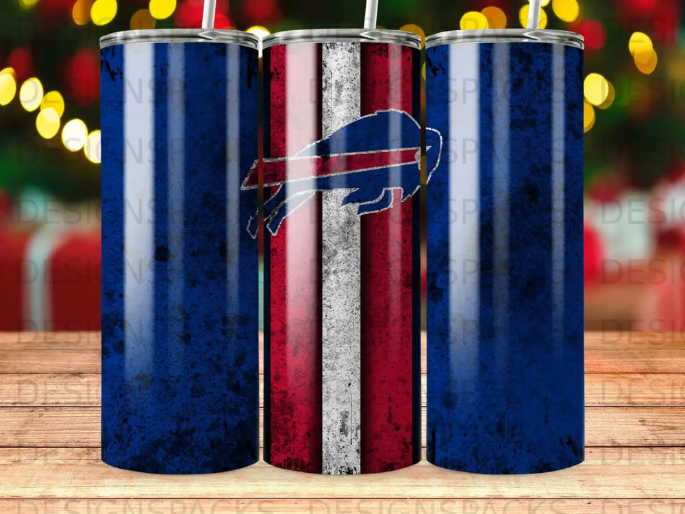 Buffalo Bills logo on distressed blue and red striped tumbler.
