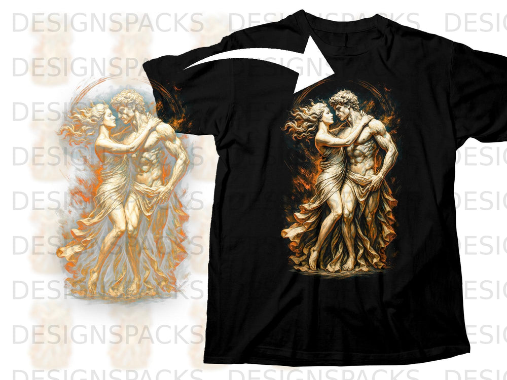Black t-shirt with graphic of a muscular man and a woman in classical attire.