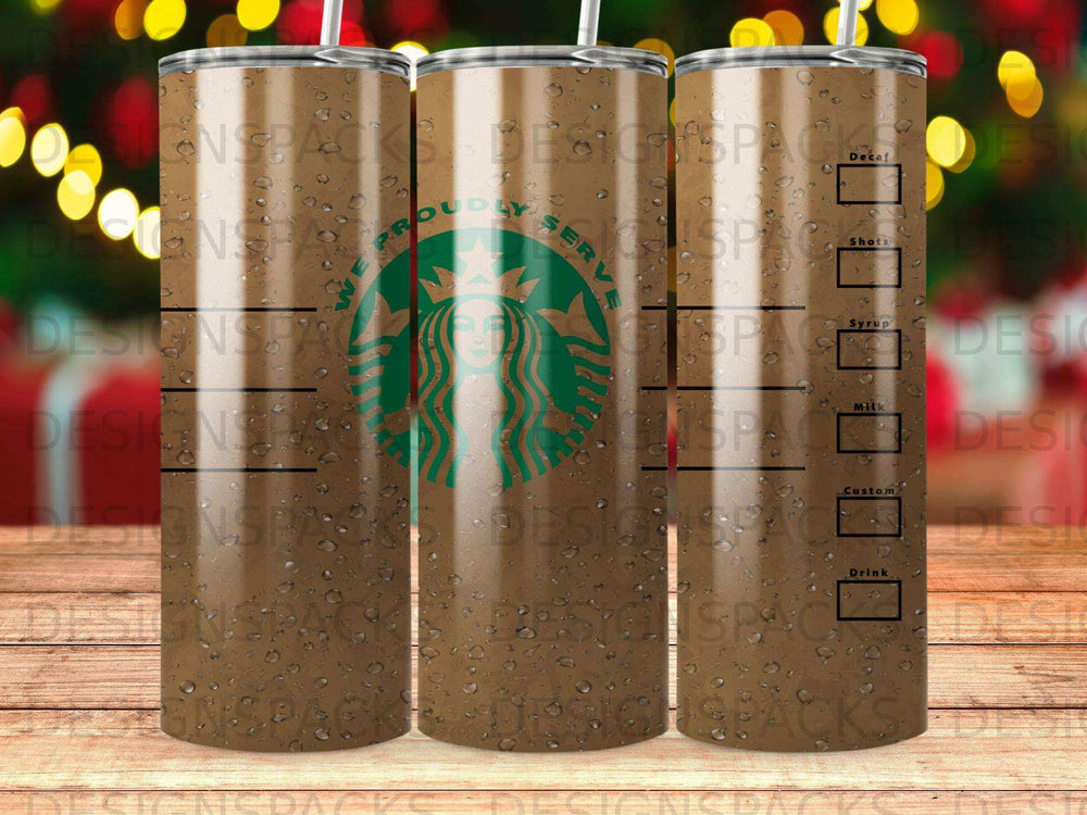 Brown tumbler with Starbucks logo and beverage options.