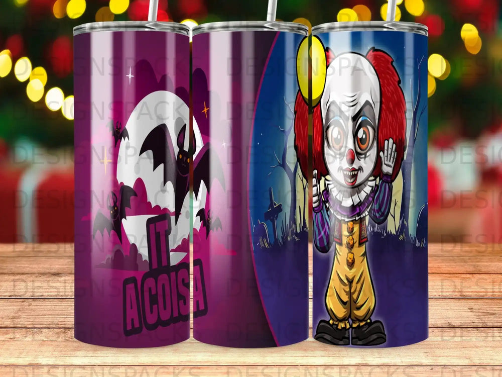 Creepy clown with red hair and a smiling face on a Halloween-themed tumbler.