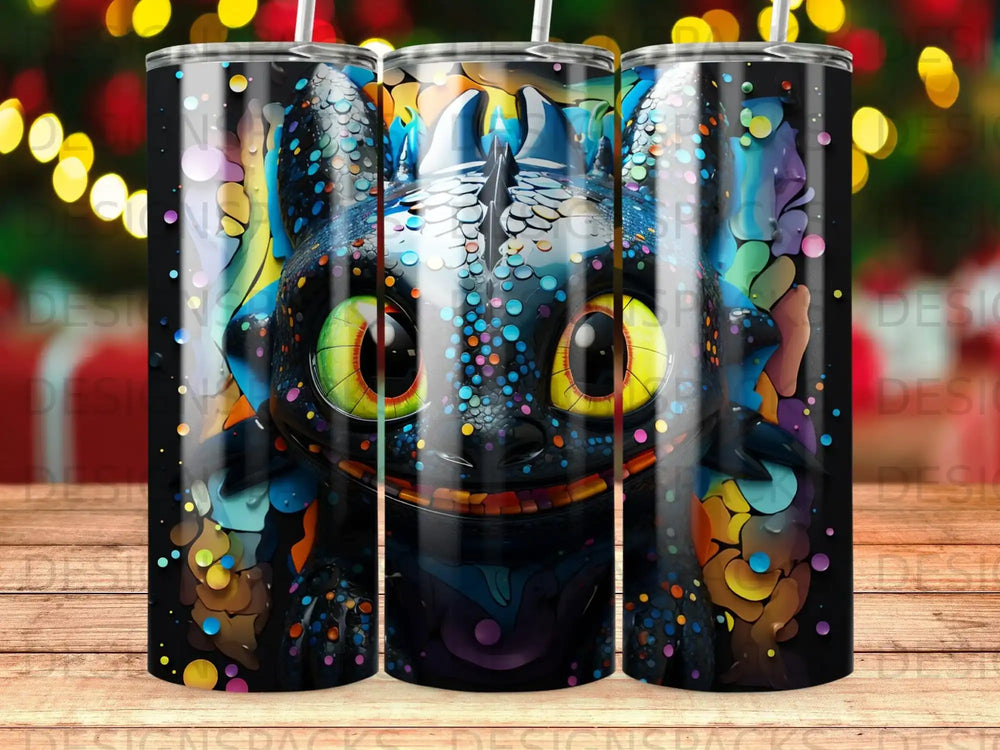 Black dragon with colorful spots on a tumbler.