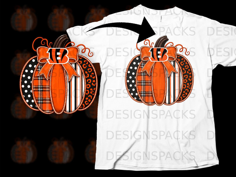 Pumpkin graphic with orange bow and Cincinnati Bengals logo on a white t-shirt.