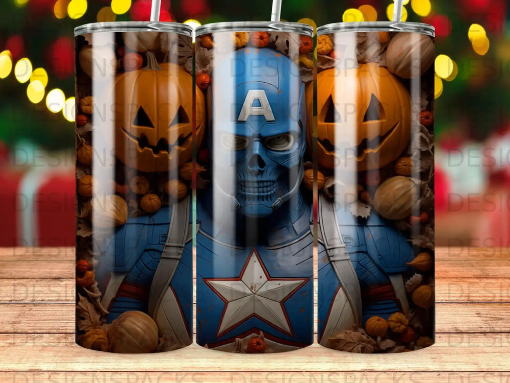 Captain America with pumpkins and autumn leaves on a tumbler.