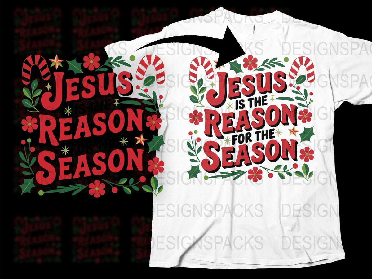 Jesus Is The Reason For The Season T-Shirt, Christmas Holiday Tee, Festive Graphic Shirt with Candy Canes and Stars