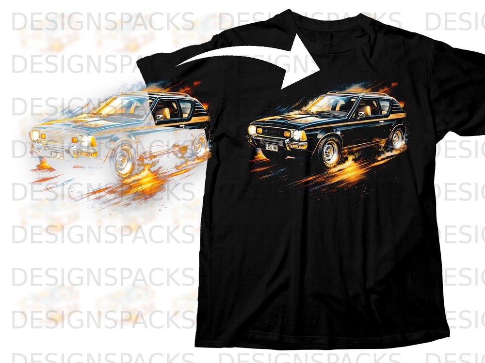 Black t-shirt featuring a stylized graphic of a vintage AMC Gremlin in motion.