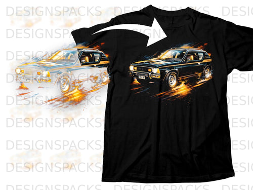 Black t-shirt featuring a stylized graphic of a vintage AMC Gremlin in motion.