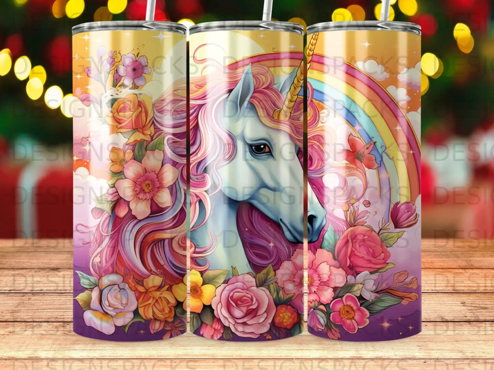 White unicorn with rainbow and flowers on yellow patterned background.