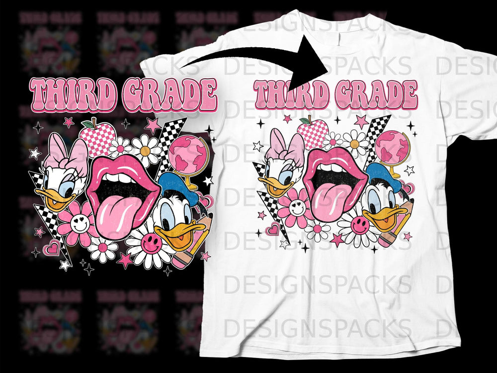 "Third Grade" text with cartoon ducks, lips, and flowers on a white t-shirt.