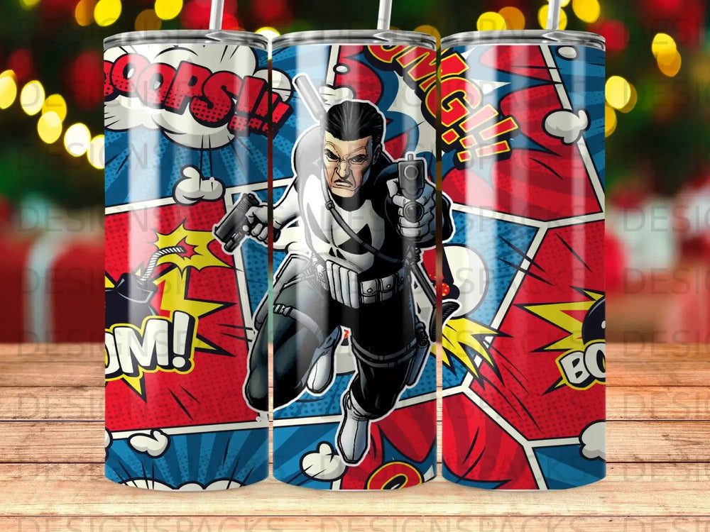 Punisher comic book art with "POW!" and "BAM!" sound effects.