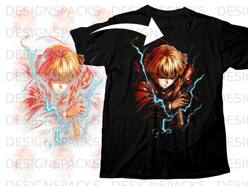 Black t-shirt with anime character wielding a sword surrounded by lightning.