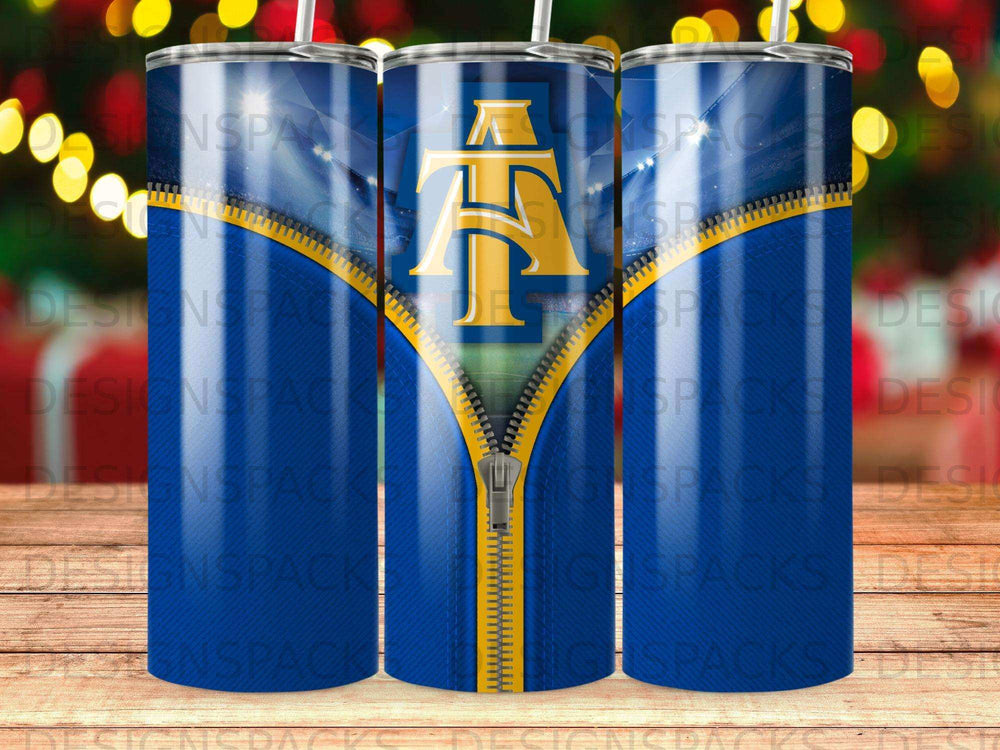 Blue tumbler with yellow zipper and "AZ" monogram logo.