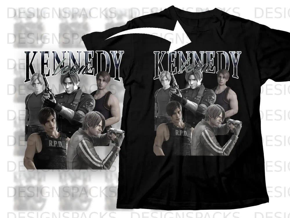 Leon Kennedy from Resident Evil 2 on a black t-shirt.