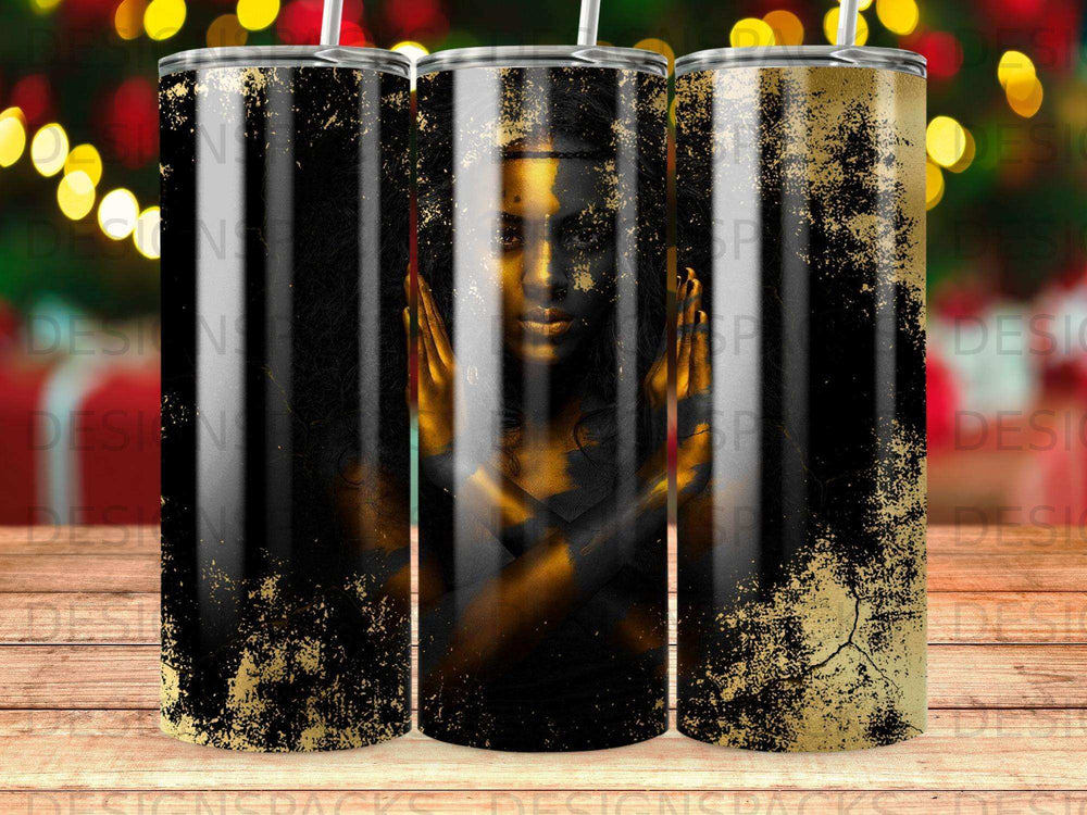 Woman with hands crossed in front of her, distressed gold and black background.