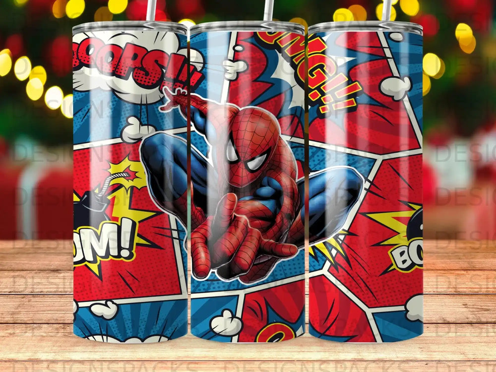 Spiderman comic book art tumbler with "POW!" and "BAM!" sound effects.