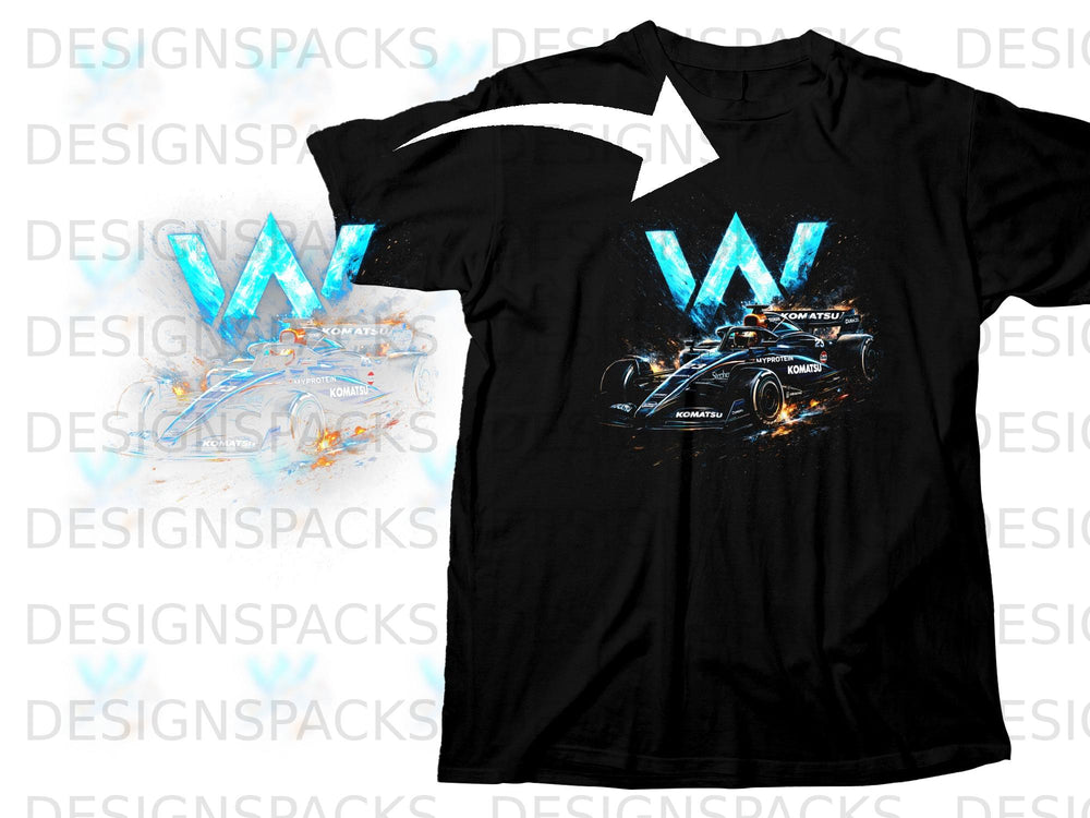 Black t-shirt with a dynamic racing car and blue "W" logo.