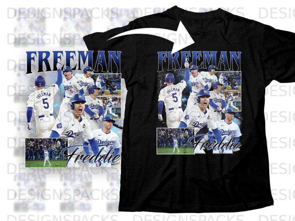 Dodgers #5 Freddie Freeman t-shirt with action shots and name.
