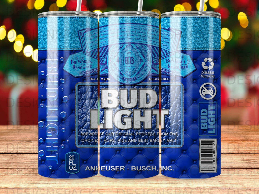 Bud Light beer can with blue patriotic design, "The World, Renowned" and "Brewed by our original process" text.
