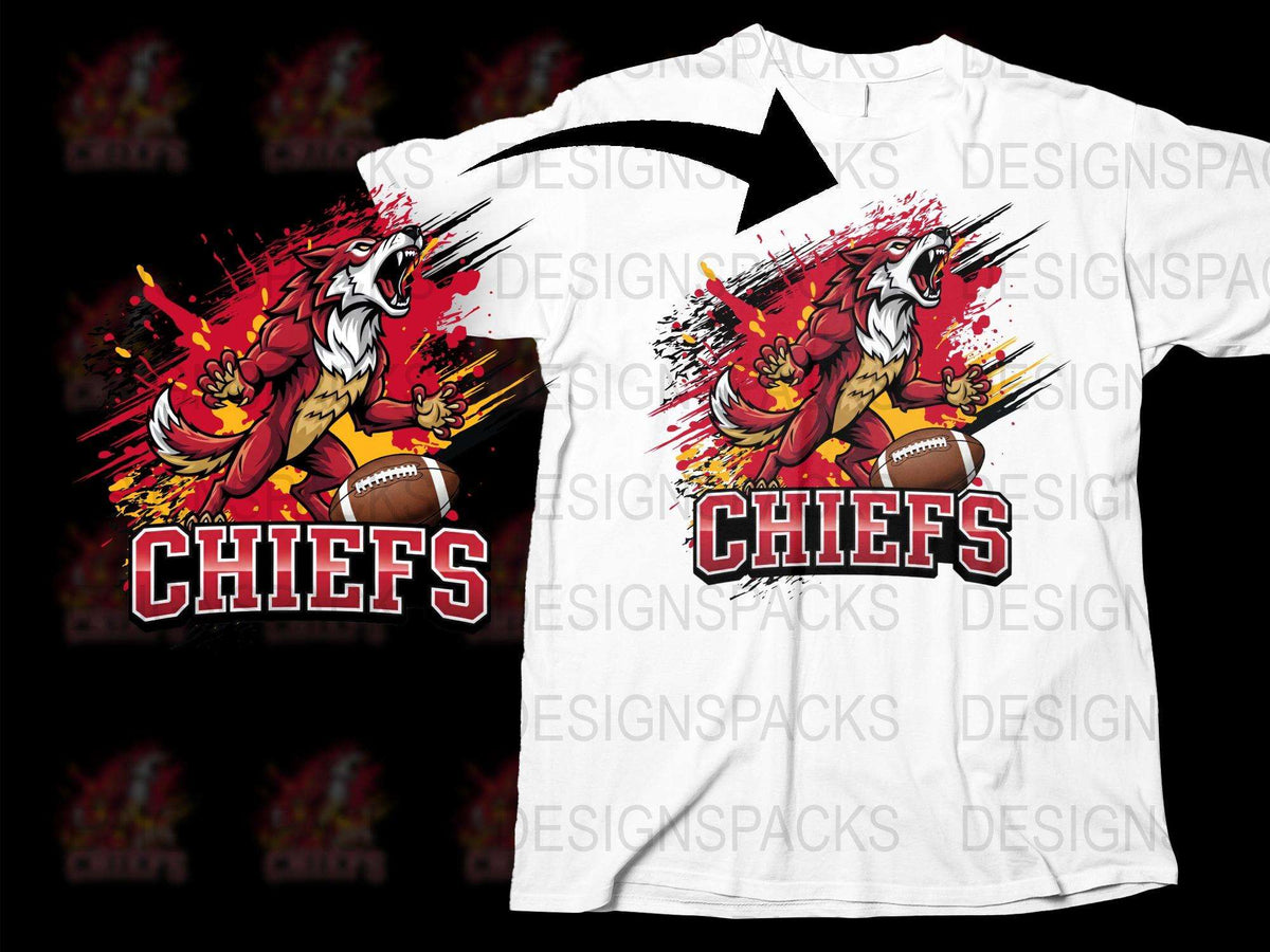 Chiefs Football Wolf Mascot Graphic T-Shirt, Red and White Sports Tee, Unisex Fan Apparel