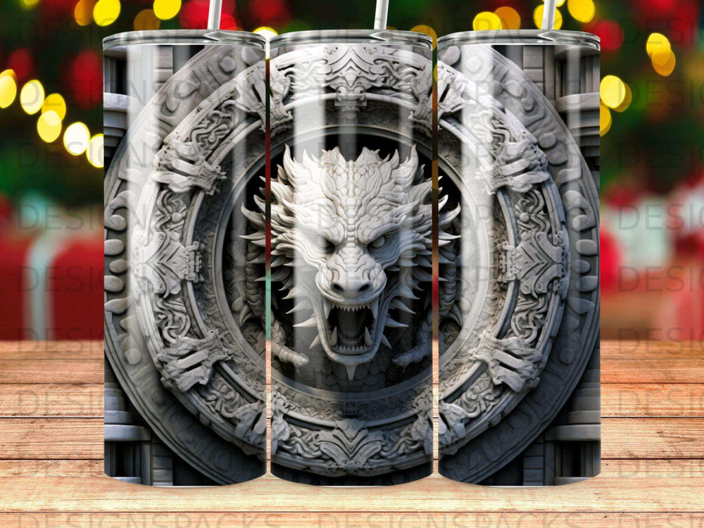 Dragon head carved into stone, centered within a circular ornate frame.