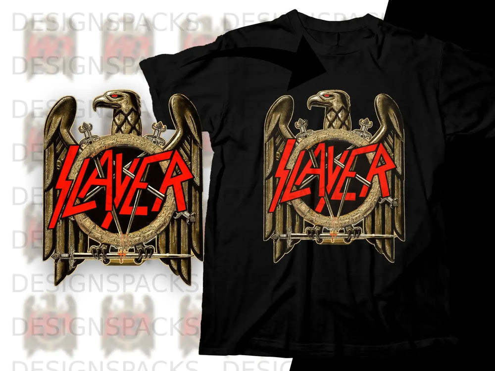 Black t-shirt featuring a gold and red Slayer logo with an eagle and pentagram.