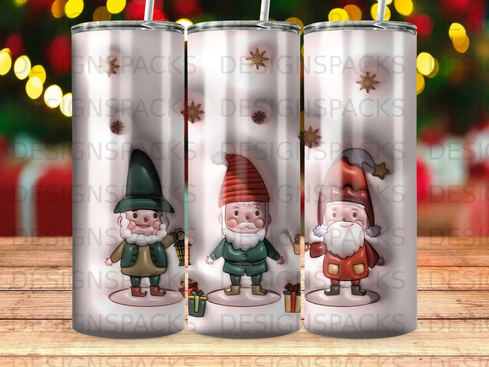 Three gnome illustrations on a tumbler with holiday background and "DESIGNSPACKS" watermark.