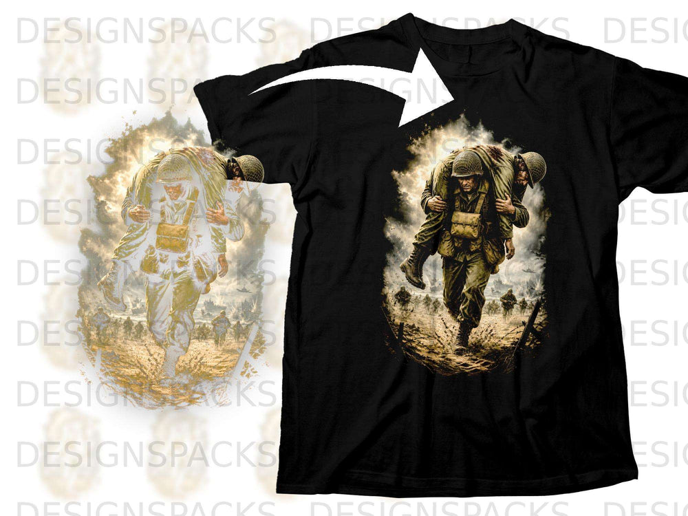Black t-shirt with a graphic of a soldier carrying another soldier through smoke.