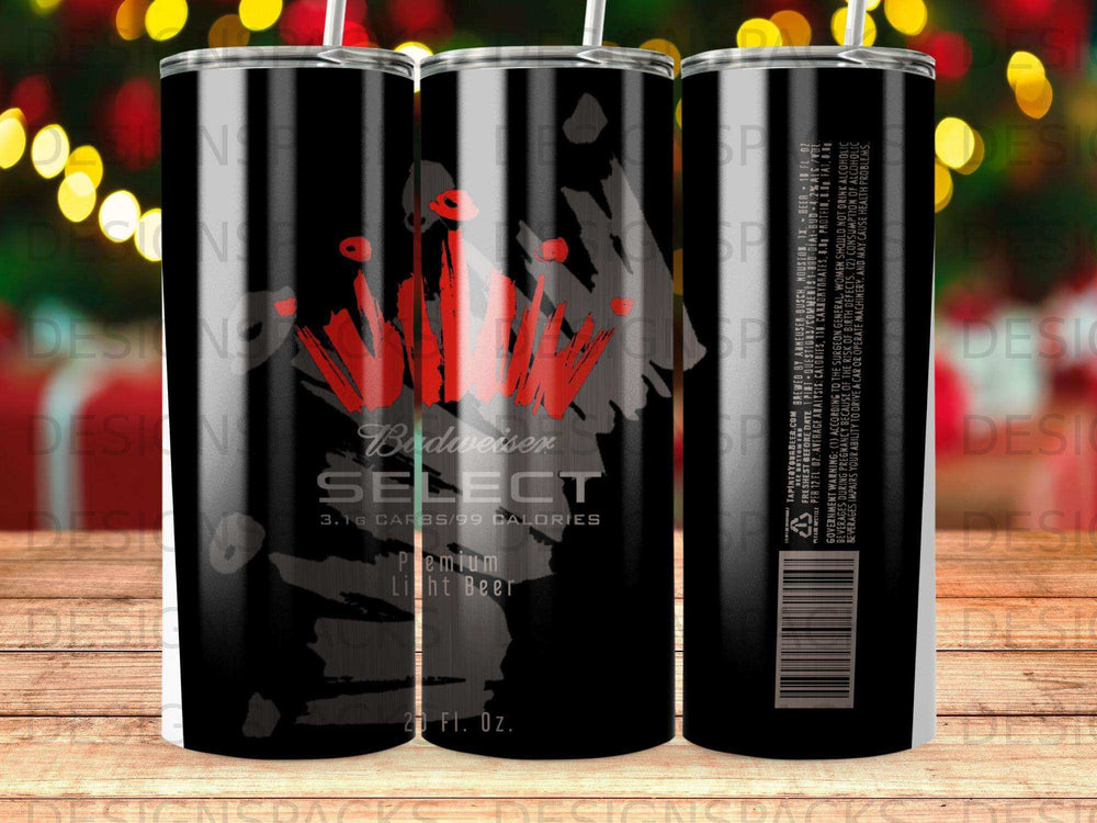 Budweiser Select premium light beer tumbler with red graphic and nutritional information.