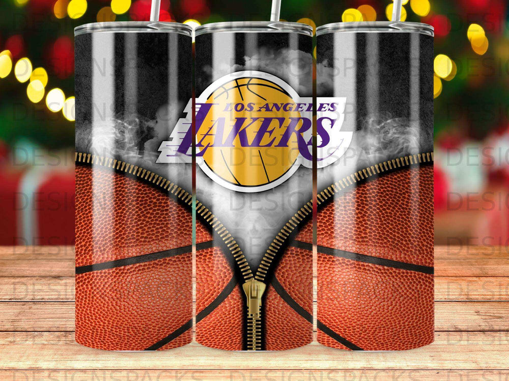Los Angeles Lakers basketball pattern tumbler with zipper detail.