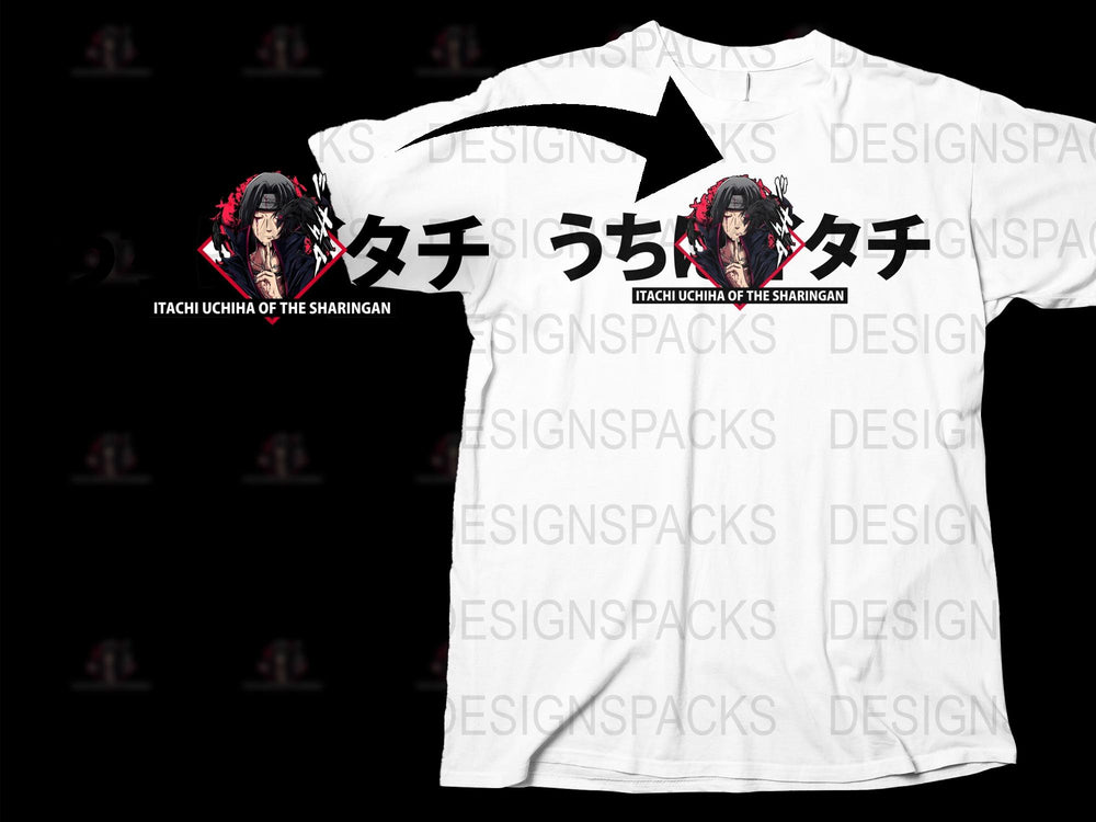Anime Inspired Itachi Uchiha T-Shirt, Sharingan Graphic, Unisex Manga Tee, Japanese Text Design, Gift for Anime Fans