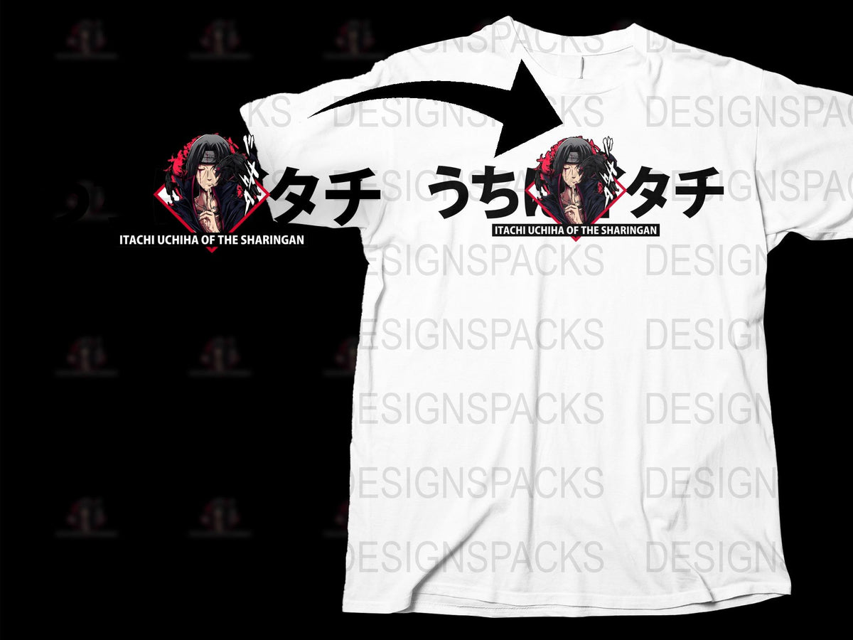 Anime Inspired Itachi Uchiha T-Shirt, Sharingan Graphic, Unisex Manga Tee, Japanese Text Design, Gift for Anime Fans