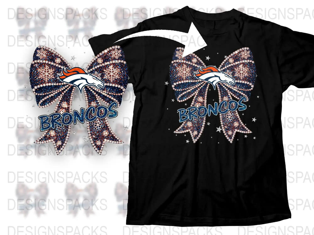 Denver Broncos T-Shirt Rhinestone Bow Design, Sparkly Football Team Logo Fan Gear, Black Cotton Shirt, Sports Apparel, Gift for Fans