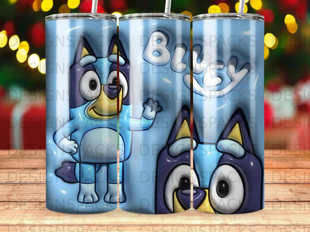 Bluey and Bingo characters on a blue striped tumbler.