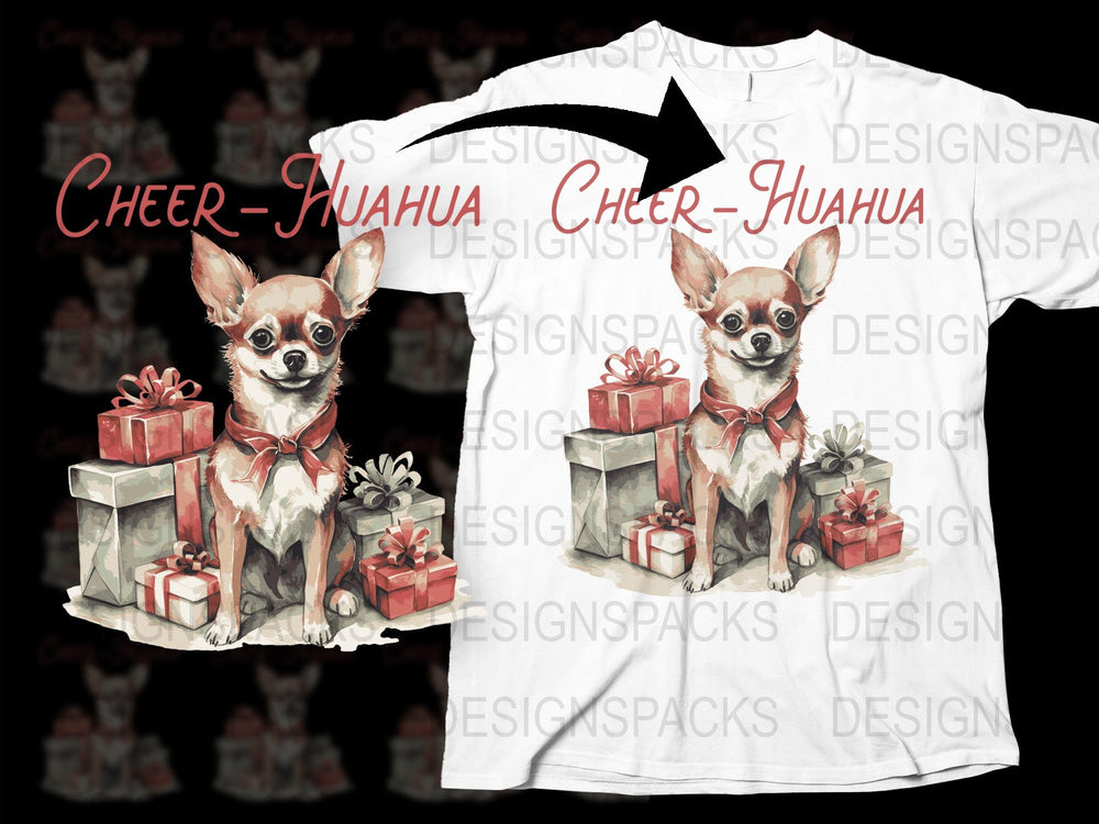 Cheer-Huahua Christmas T-Shirt, Cute Chihuahua with Gifts Graphic Tee, Holiday Dog Lover's Apparel