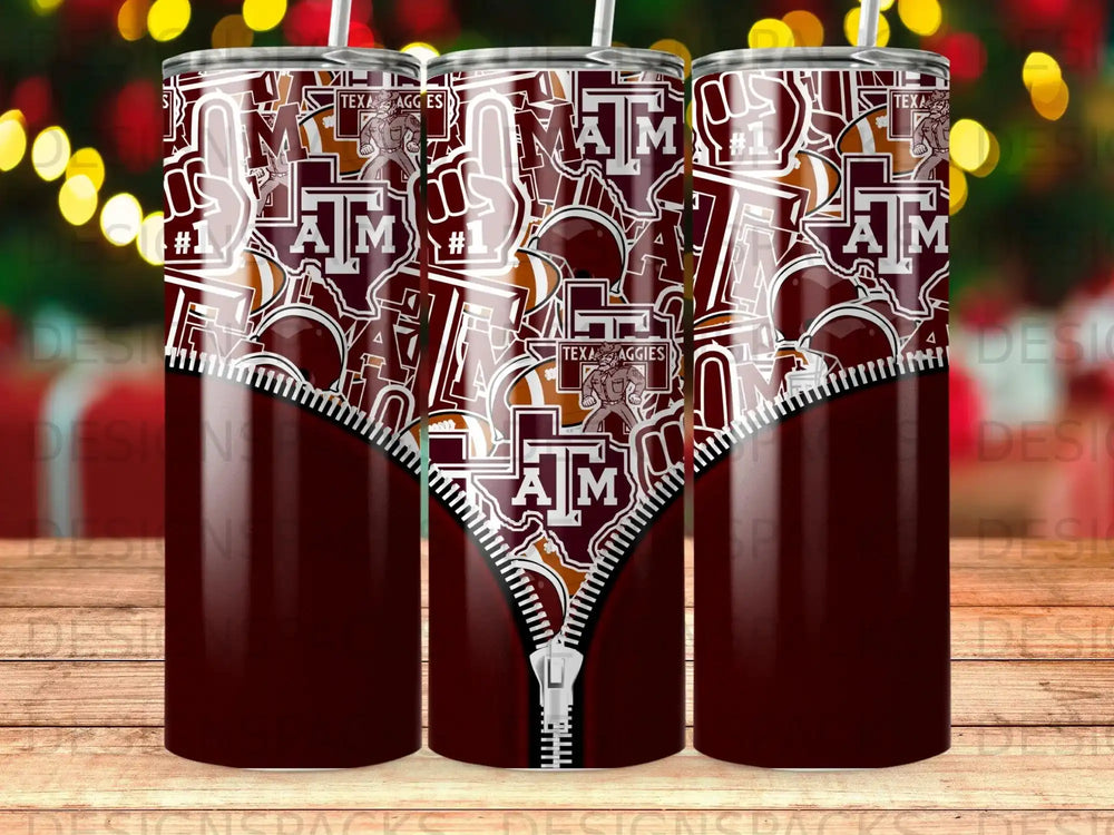 Maroon tumbler with Texas A&M logo and "#1" text, featuring a zipper design.