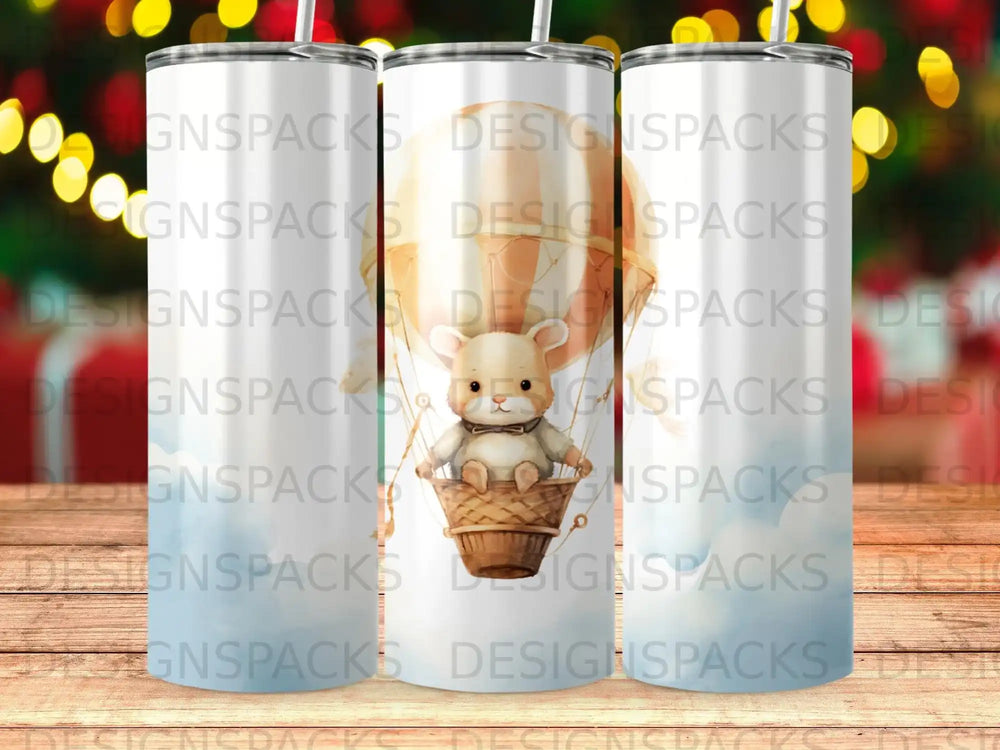 Bear in hot air balloon with clouds and lights, white tumbler.