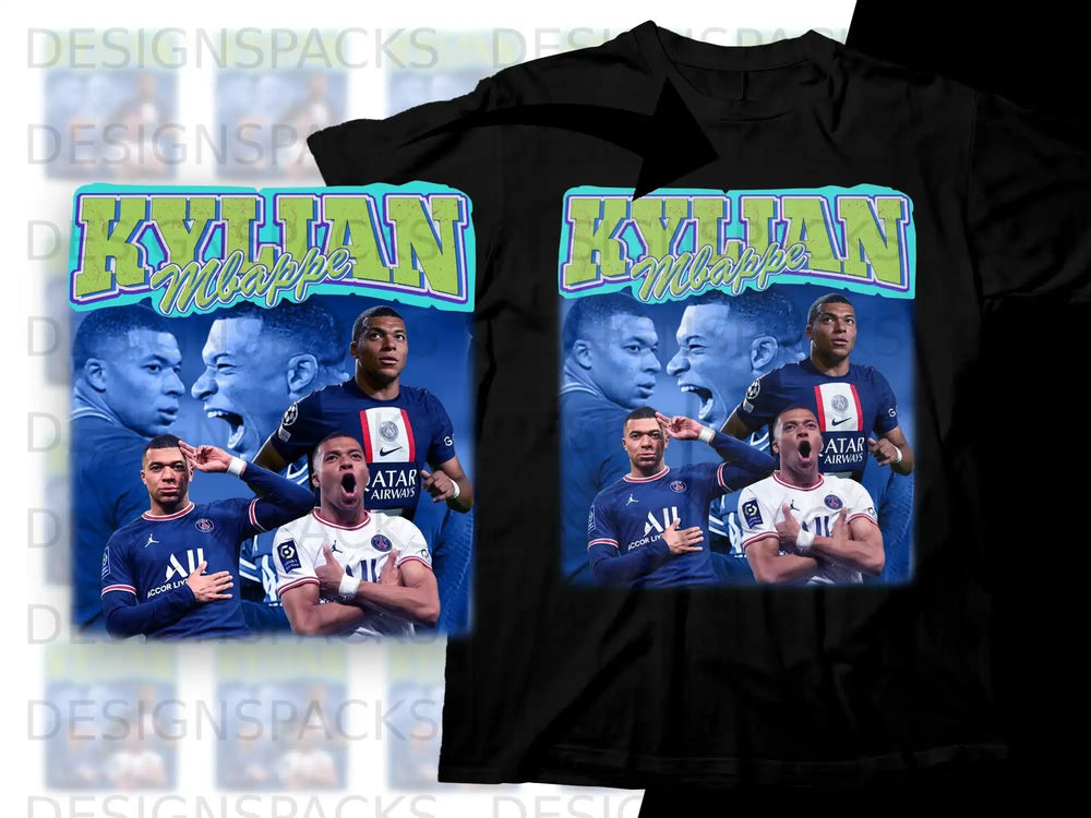 Kylian Mbappé on a black t-shirt design with "Kylian" text.