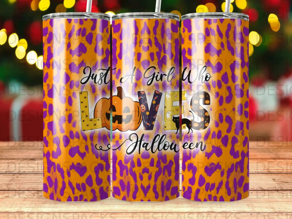 Tumbler with purple and orange leopard print, "Just A Girl Who Loves Halloween".
