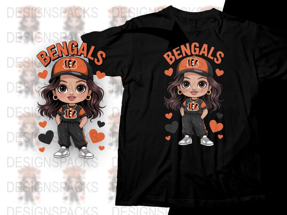 Cute Bengals Fan T-Shirt, Cartoon Girl Graphic Tee, Football Team Apparel, Casual Sports Shirt